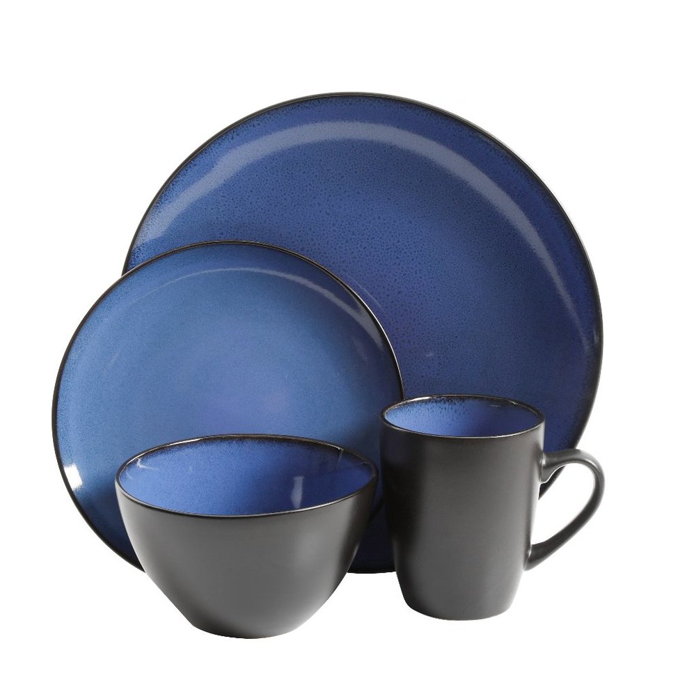 16-PCS DINNERWARE SET BLUE/BLACK SOHO ROUND STONEWARE